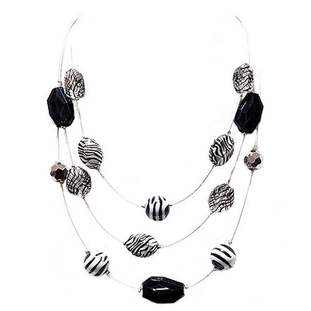 Black and White Striped Beads Three-Strand Silver Illusion Necklace