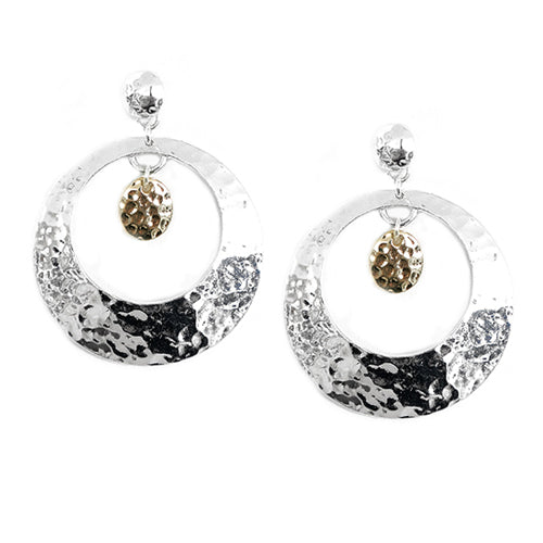 Silver Hammered Open Round with Gold Round Metal Stud Earrings