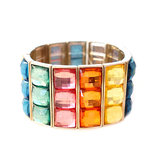 Rainbow Rectangular Glass Crystal Gold Stretch Bracelet