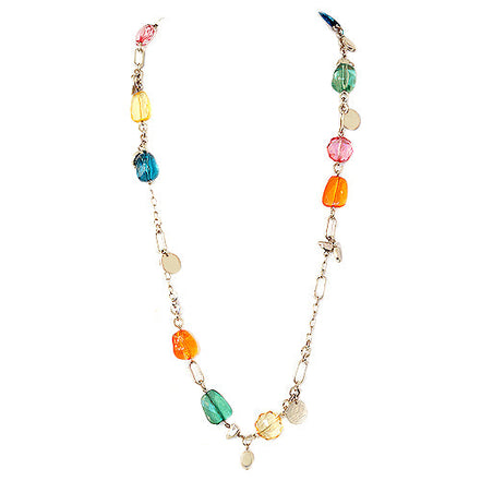 Multi Color Beads with Gold Coin Long Necklace 
