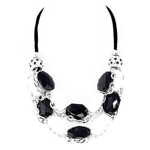 Black and White Mixed Beads with Silver Chain Black Suede Necklace