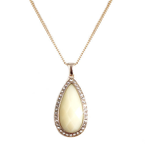 Teardrop Cream Color Cut Stone with Rhinestone Gold Necklace