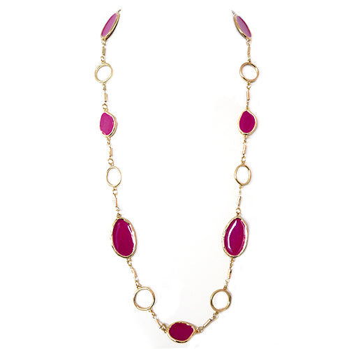 Fuchsia Enamel Beaded Gold Long Necklace