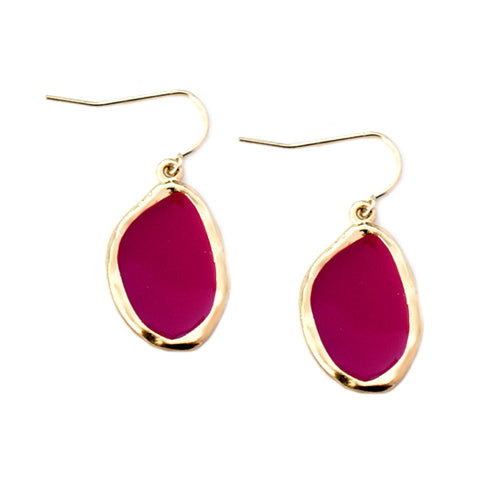 Fuchsia Enamel Oval Shape Gold Dangle Earrings