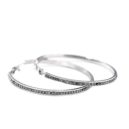 Silver Round with Hematite Rhinetone Hoop Earrings