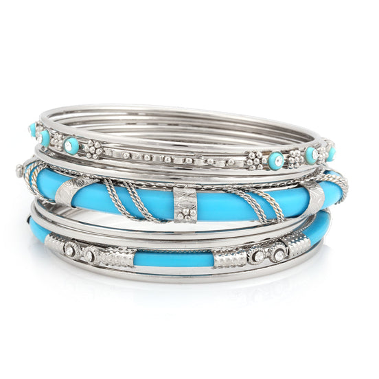 Silver-Tone Turquiose Set Of 9 Indian Bangles