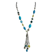Sea blue beaded necklace on silver chain tassel