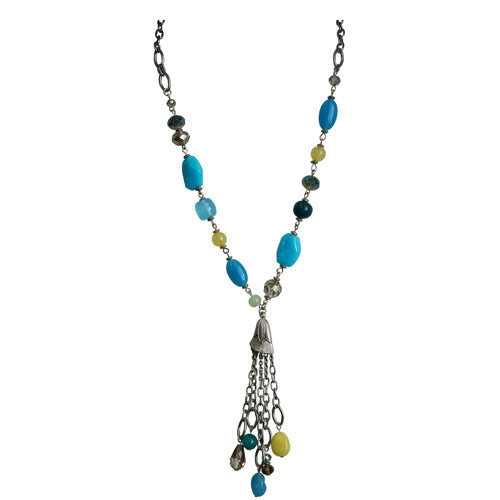Sea blue beaded necklace on silver chain tassel