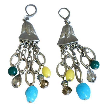 Sea blue beaded earrings with silver chain tassel