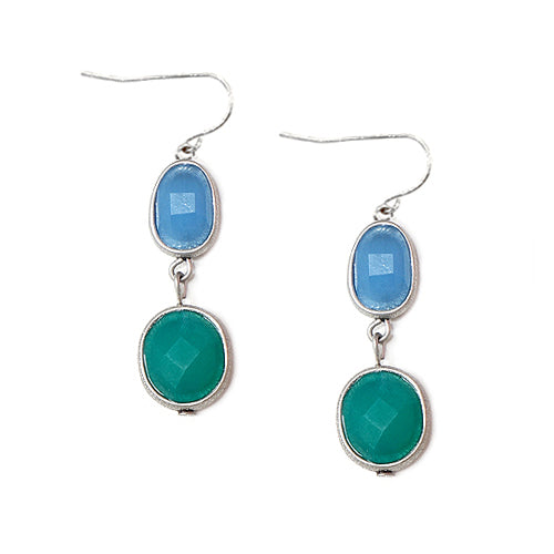 Green and Blue Cut Bead Silver Dangle Earrings