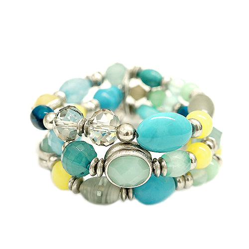 Blue Green Yellow Mixed Multi Beaded Stretch Bracelet