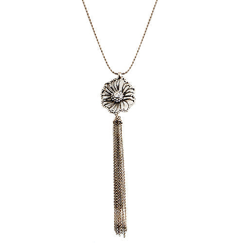GOLD CRYSTAL GOLD FLOWER WITH RHINESTONE CHARM LONG NECKLACE  #SC32338_GLD-CRY (PE8)