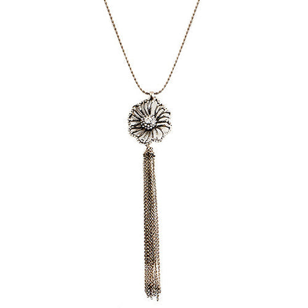 GOLD CRYSTAL GOLD FLOWER WITH RHINESTONE CHARM LONG NECKLACE  #SC32338_GLD-CRY (PE8)