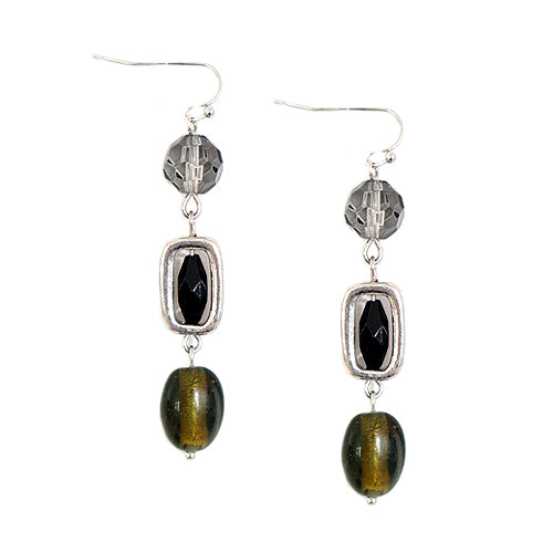 Black Mixed Beaded Silver Dangling Earrings