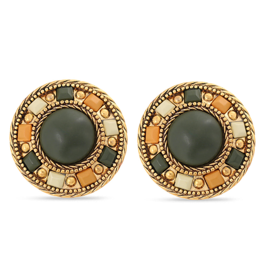 Antique Gold-Tone Olive And Cream Plastic Clip On Earrings