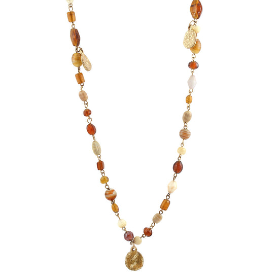 Gold-Tone Metal Charm Brown Beads Necklace