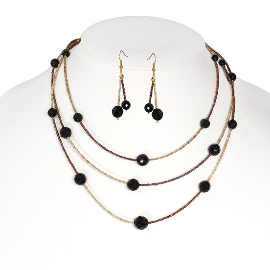 Gold And Copper Seed Beads Black Crystal Gold Layer Necklace And Earrings Set