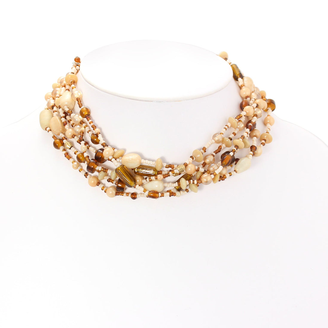 Silver-Tone Metal Cream And Brown Beads Multi Layered Adjustable Lobster Claw Closure Necklace 