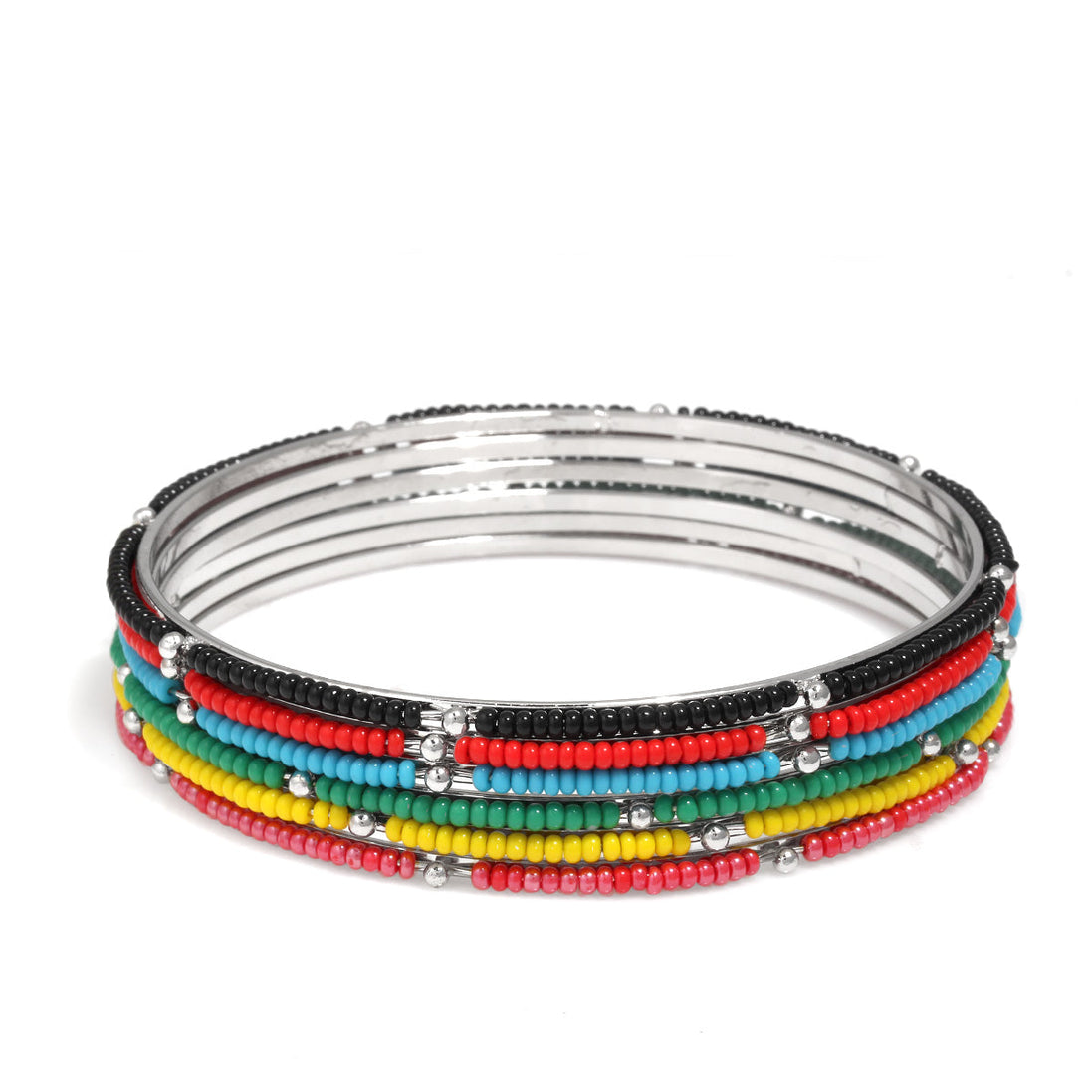 Silver Multicolor Beads 6 Pcs Bangle Set