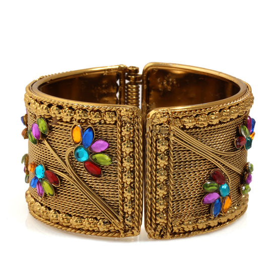 Gold Multicolor Crystal Flower Hinged Btacelet