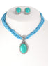 Silver Filigree Turquoise Oval Pendant  Multi Layer Turquoise Beads Adjustable Length Neckalce And Earrings Set
