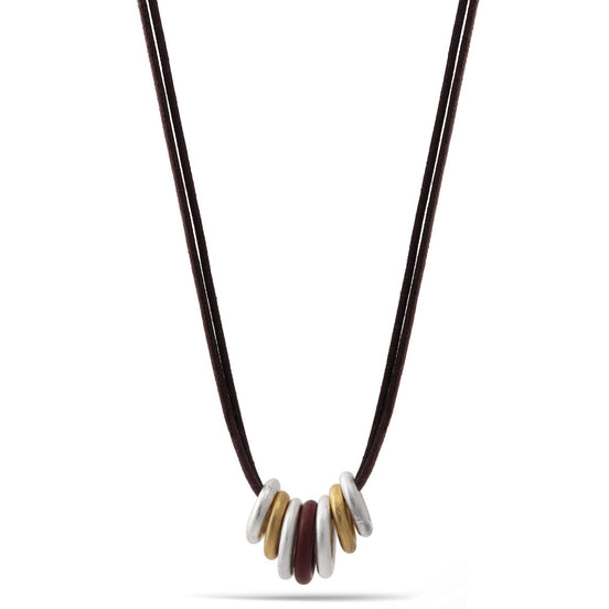 Gold And Silver Round Ring Pendant Brown Cord Necklace