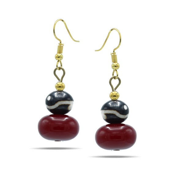 WINE RED AND BROWN BEADS GOLD EARRINGS#FWNK-1611-08-ER(LC12)
