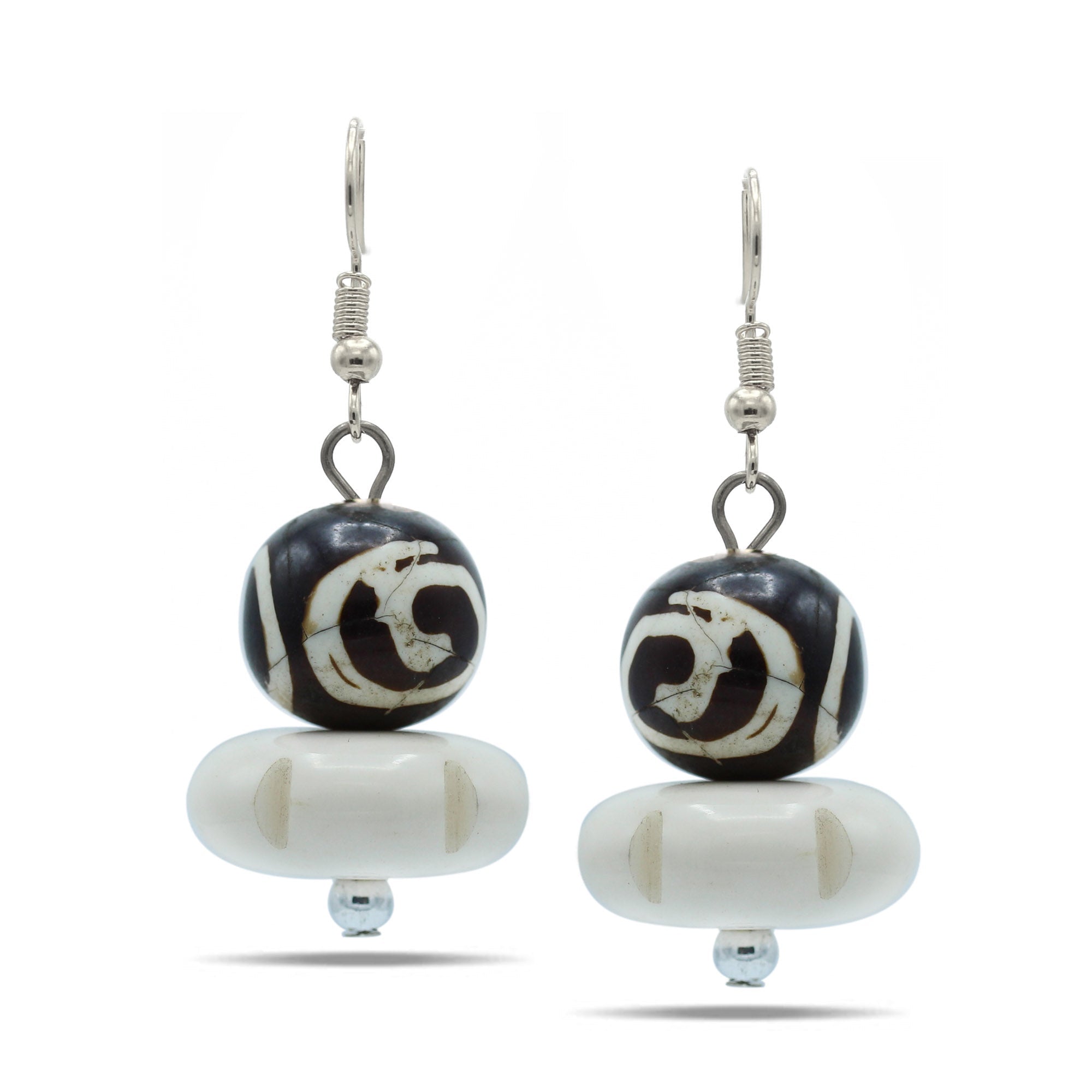 BROWN AND CREAM BEADS SILVER EARRINGS#FWNK-1811-21-ER(LB10)