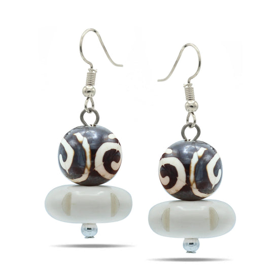 BROWN AND CREAM BEADS SILVER EARRINGS#FWNK-1811-21-ER(LB10)