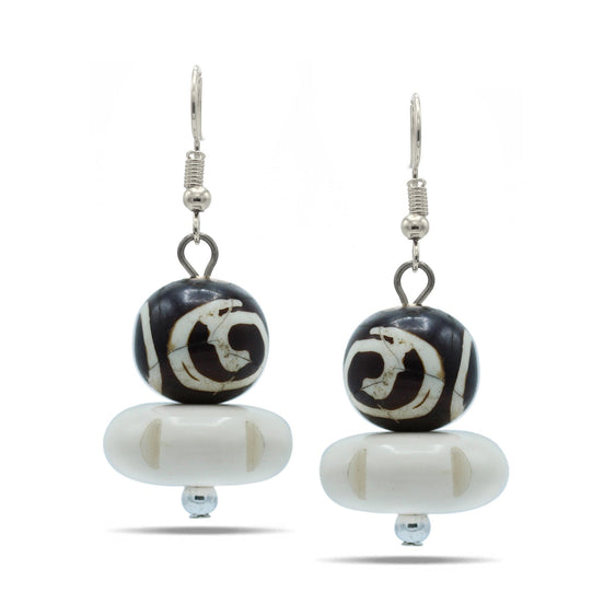 BROWN AND CREAM BEADS SILVER EARRINGS#FWNK-1811-21-ER(LB10)