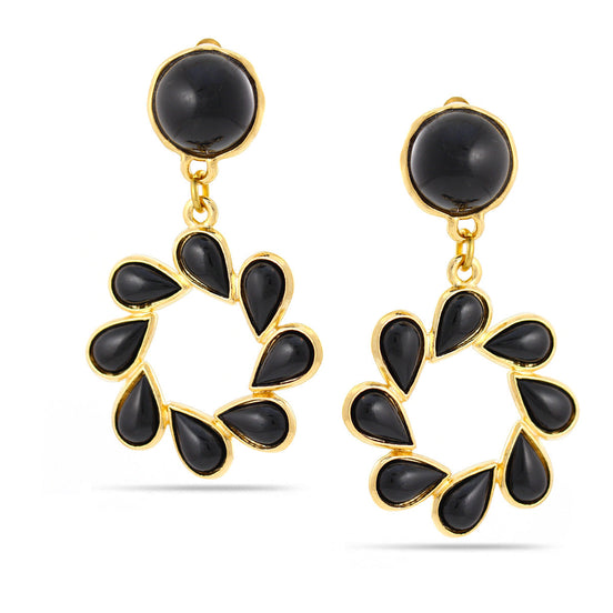 Gold-Tone Metal Black Teardrop Clip On Earrings