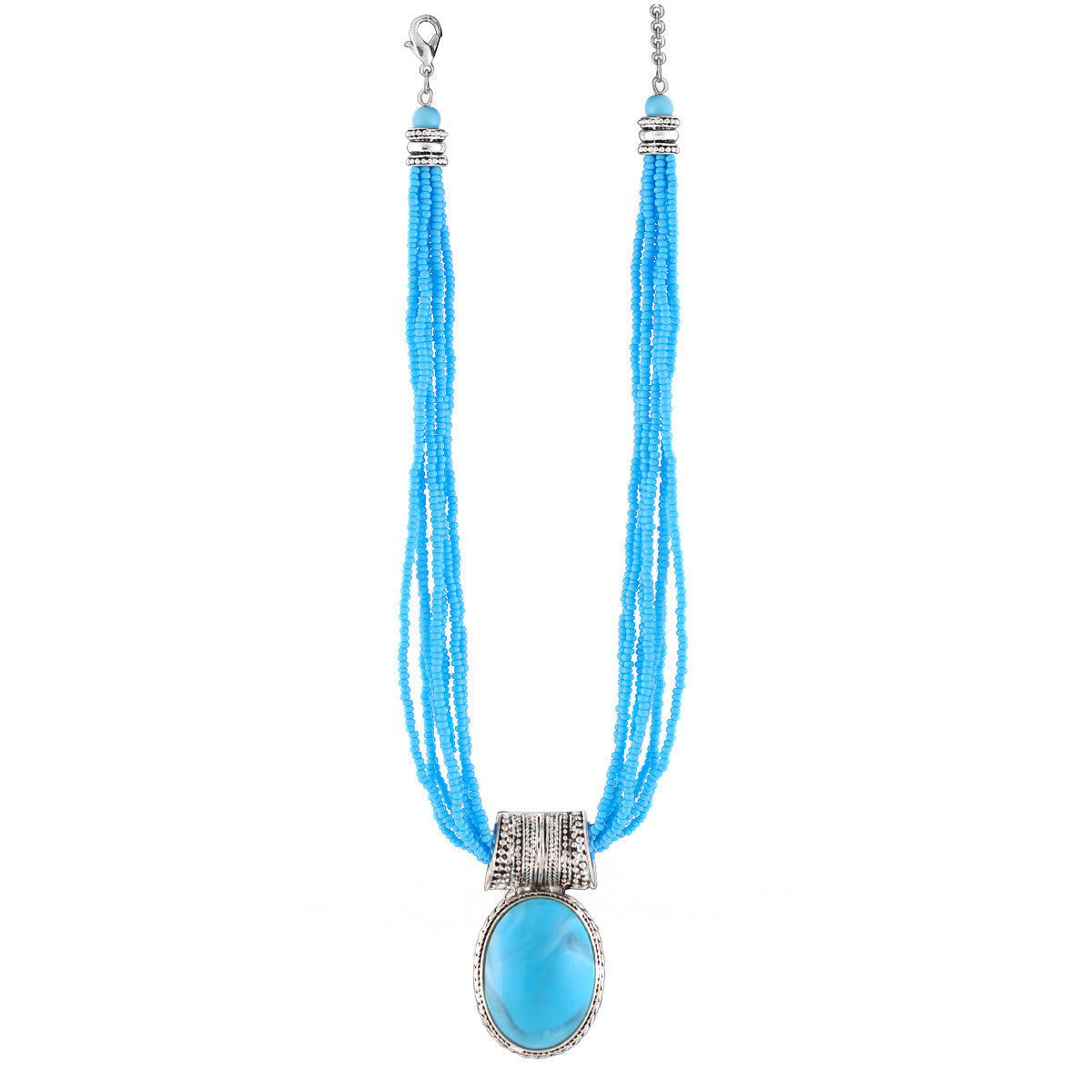 Silver-Tone Metal Turquoise Seed Beads Adjustable Lobster Claw Closure Pendant Necklaces 