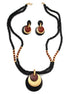 Gold Brown And Black Wood Circle Pendant Wood Bead Necklace And Earrings Set