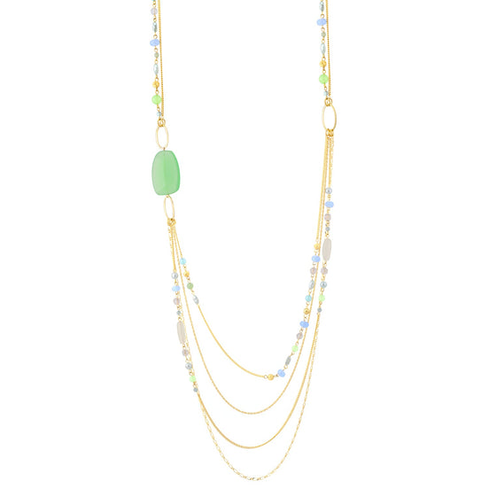 Gold-Tone Metal Green And Blue Beads Layered Lobster Claw Closure Necklaces