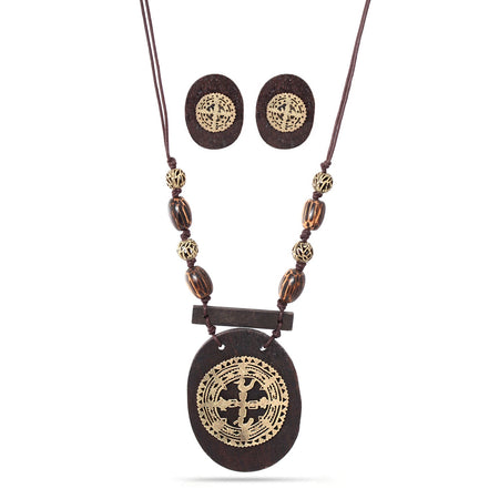 Gold-Tone Metal Filigree Wood Earrings And Adjustable Lobster Clasp Cord Necklaces