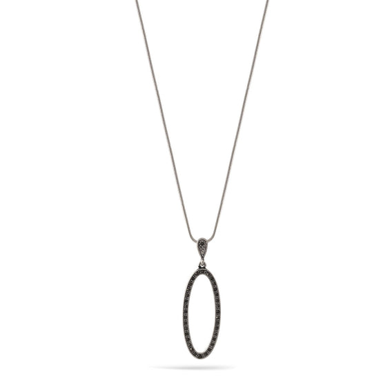 Silver Marcasite Oval Pendant Adjustable Length Chain Necklace
