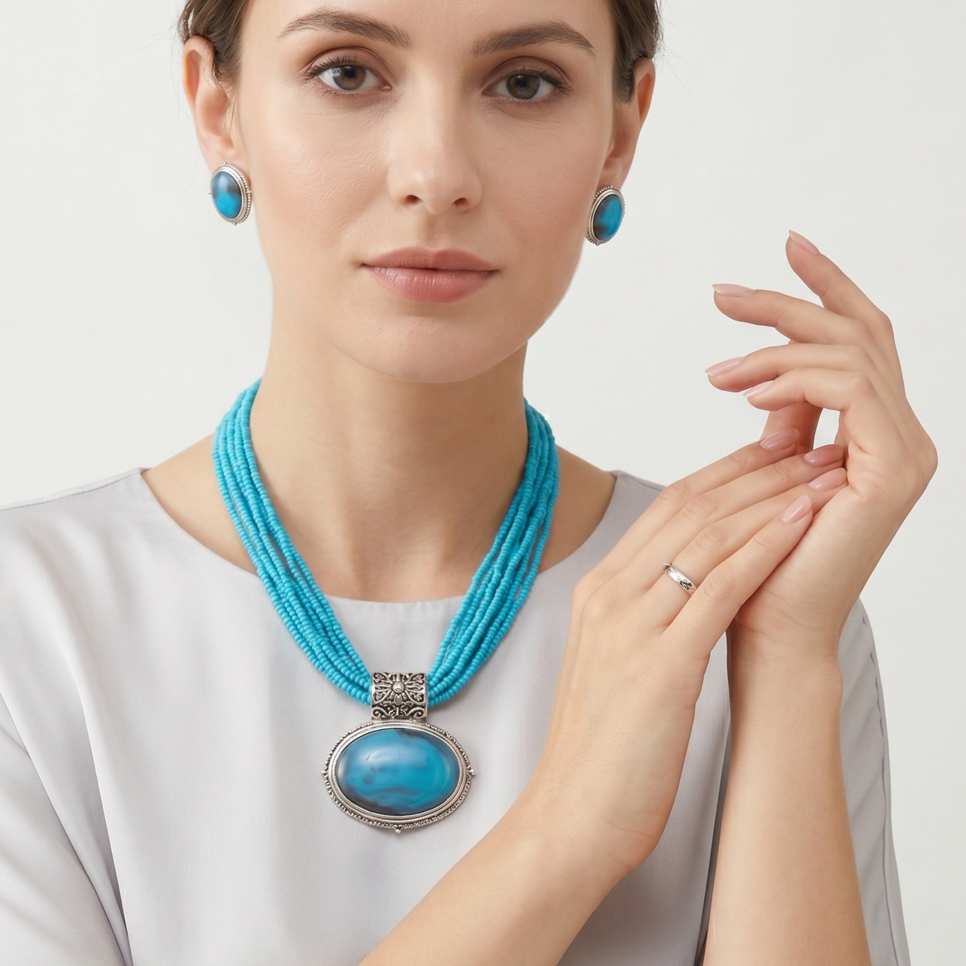 Turquoise Multi-Strand Statement Pendant Necklace & Matching Earrings Set – Silver Tone Oval Stone Jewelry #FW-SET07387TQ (IC21/&Top)