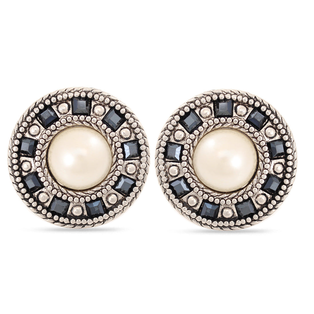 Antique Look Silver-Tone Cream Pearl And Jet Nblack Crystal Plastic Clip On Earring