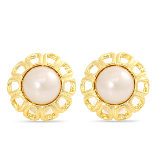 Gold-Tone Metal Cream Pearl Clip Onearrings