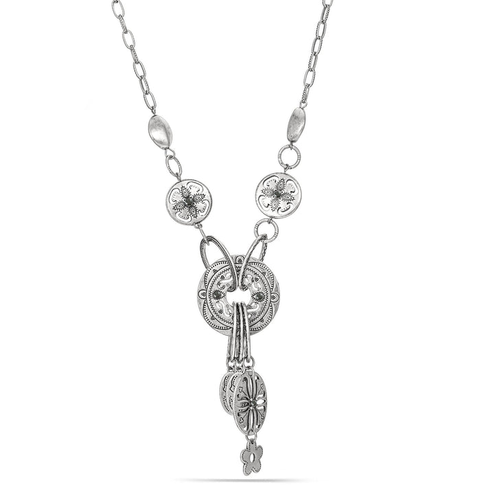Flower printed engraved metal discs are decorated with black diamond color stones. Antique silver finish enriches the beauty and the metal discs makes pleasant sound as you move. Has matching earrings.