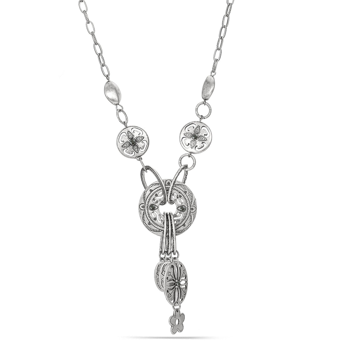 Flower printed engraved metal discs are decorated with black diamond color stones. Antique silver finish enriches the beauty and the metal discs makes pleasant sound as you move. Has matching earrings.