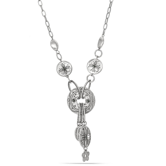 Flower printed engraved metal discs are decorated with black diamond color stones. Antique silver finish enriches the beauty and the metal discs makes pleasant sound as you move. Has matching earrings.