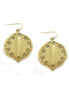 Organic disks of gold tone metal is engraved with the scroll pattern and dropped from fish hooks. The design appreciates the finer points of craftsmanship with modern silhouette. 