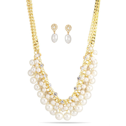 GOLD CREAM PEARL AND CRYSTAL NECKLACE AND EARRINGS SET #HNN+E88459GDCM