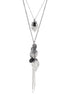 Rhodium-Tone Metal Leaf And Balck Stone 2 Layered Tassel Necklace