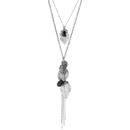 Rhodium-Tone Metal Leaf And Balck Stone 2 Layered Tassel Necklace