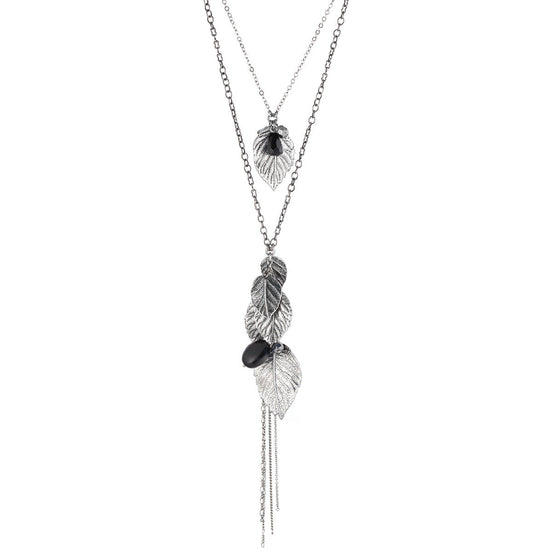 Rhodium-Tone Metal Leaf And Balck Stone 2 Layered Tassel Necklace
