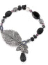 Antique Silver-Tone Metal Leaf Black Stone Stretch Bracelets