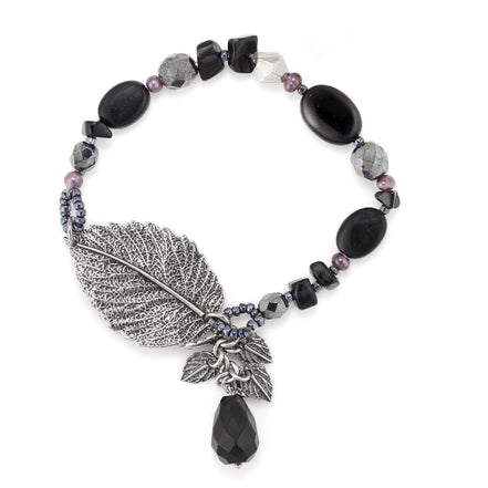 Antique Silver-Tone Metal Leaf Black Stone Stretch Bracelets