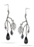 Antique Silver Tone Leaf Black Stone Drop Earrings